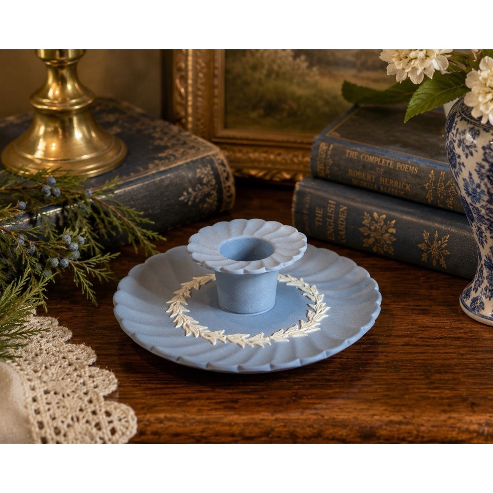 Wedgwood Blue Jasperware Candlestick 1992 Signed Lord Wedgwood England